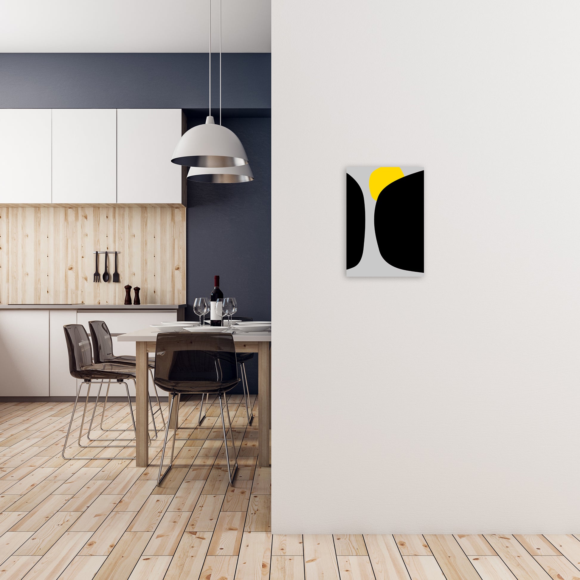 Abstract Black Shapes with Yellow Original B Art Print by Print Punk Studio A3 Black Frame