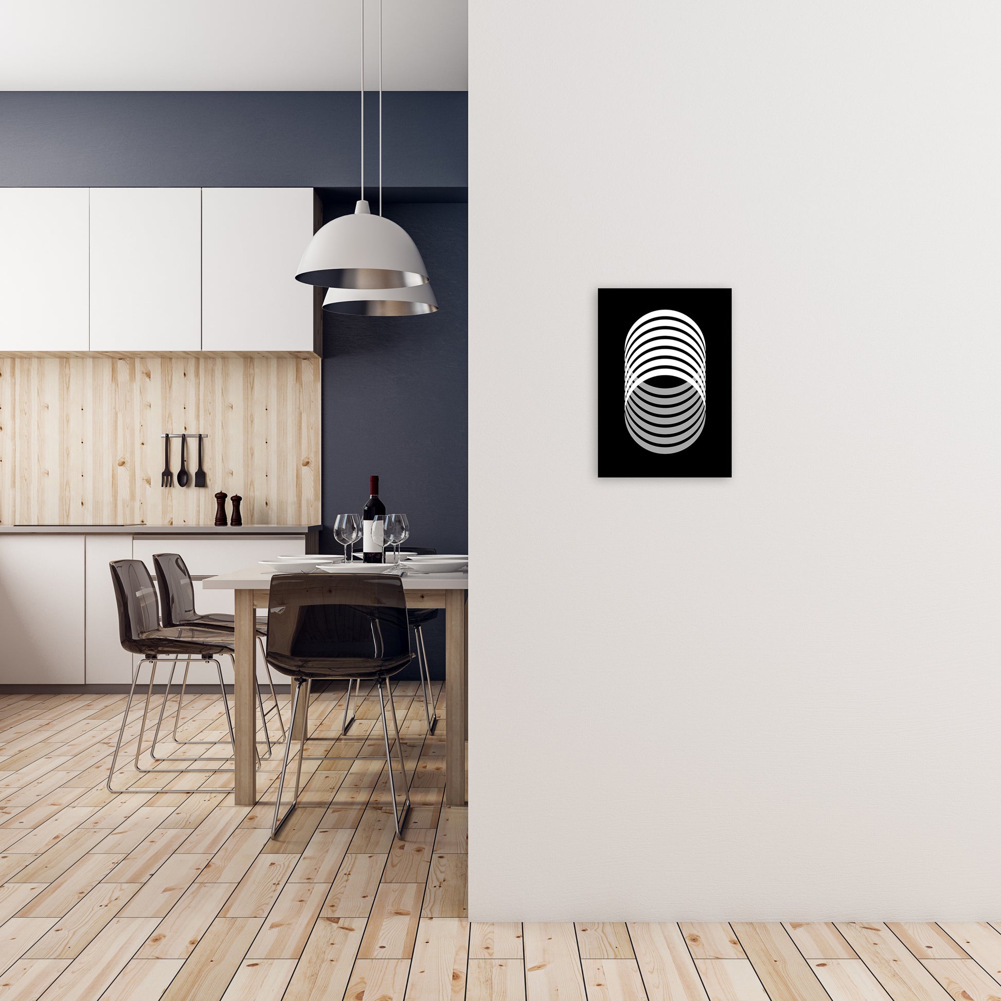 Abstract Modern Back and White Circles Original A3 Black Frame