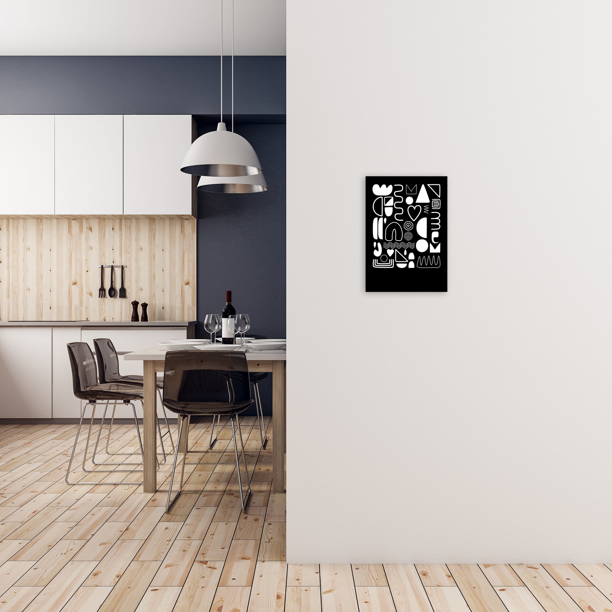 White and Black Scandi Shapes A3 Black Frame