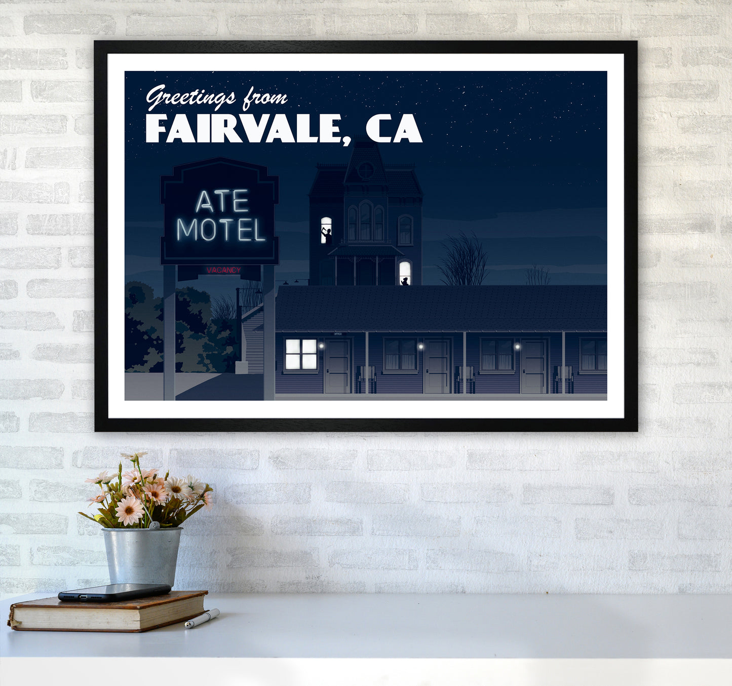 Bates Motel Night Art Print by Richard O'Neill A1 White Frame