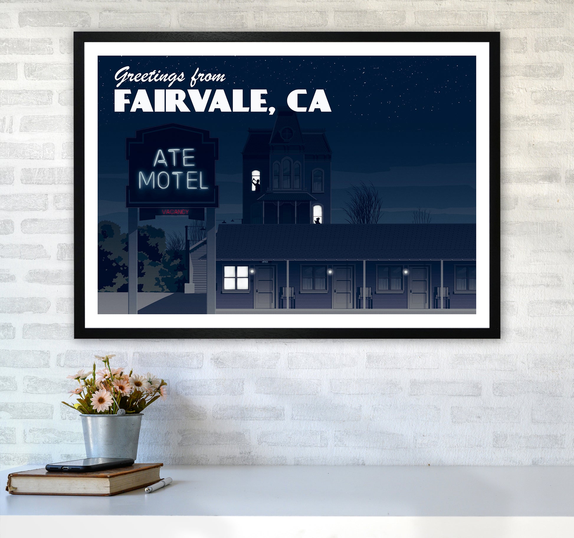 Bates Motel Night Art Print by Richard O'Neill A1 White Frame