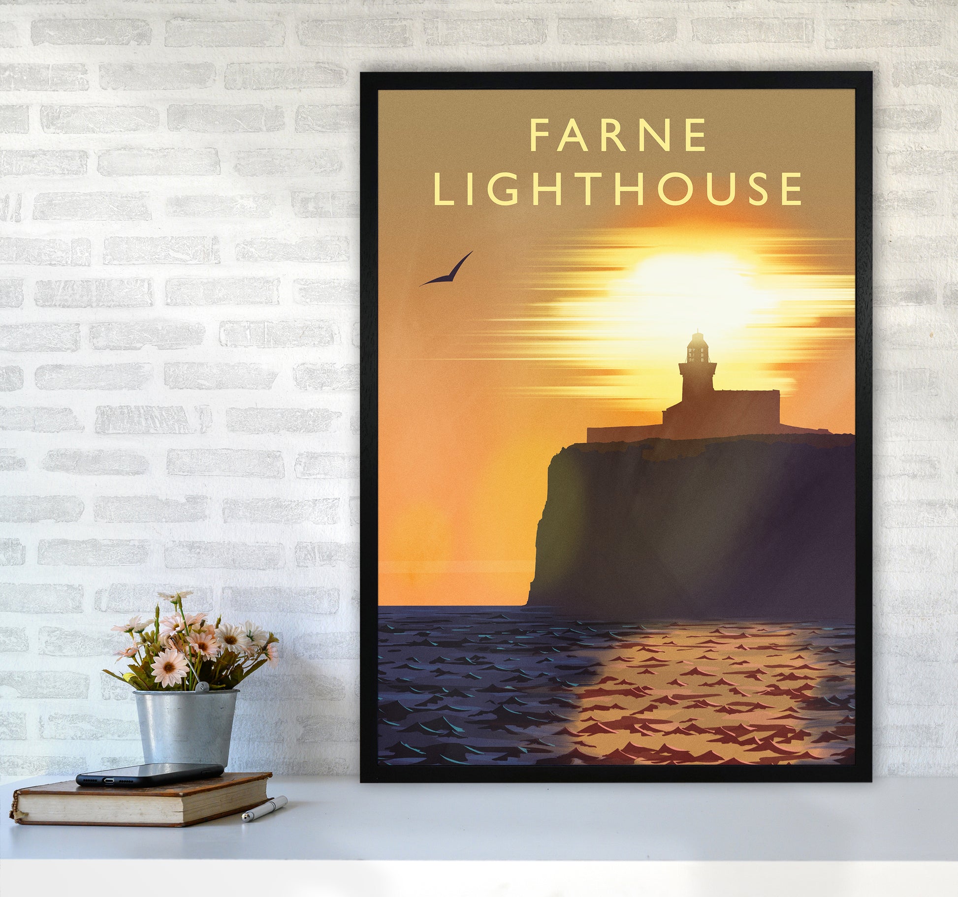 Farne Lighthouse portrait Travel Art Print by Richard O'Neill A1 White Frame