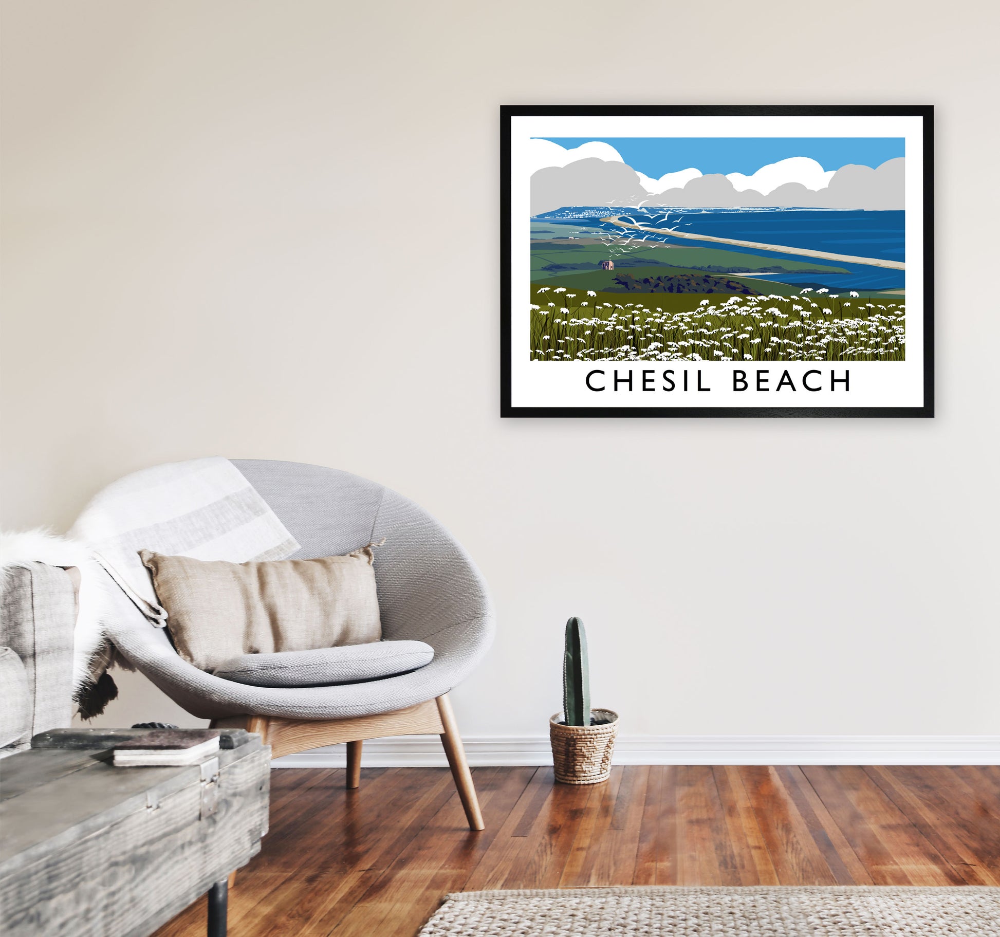 Chesil Beach Framed Digital Art Print by Richard O'Neill A1 White Frame