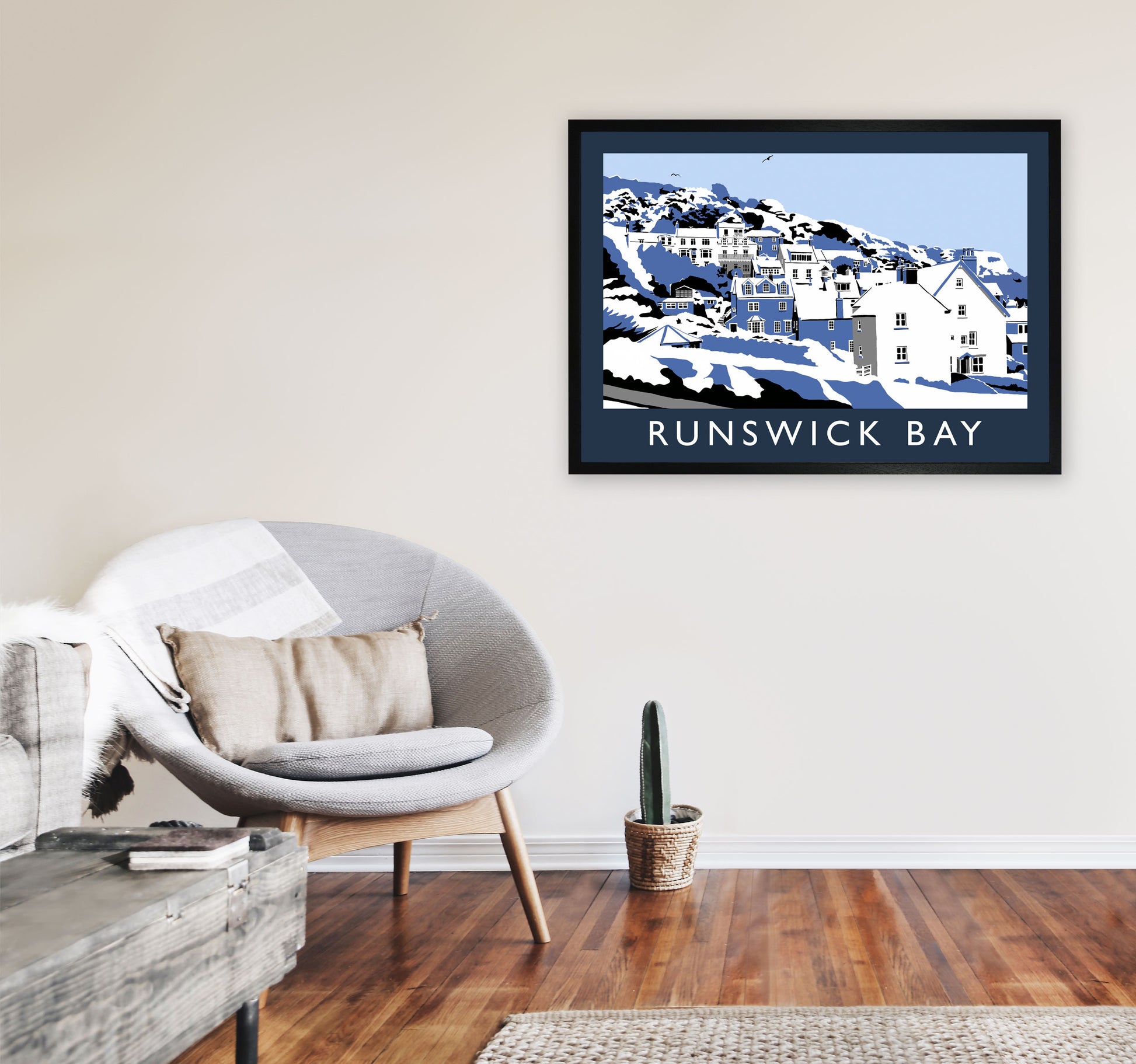 Runswick Bay Travel Art Print by Richard O'Neill, Framed Wall Art A1 White Frame