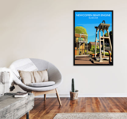 Newcomen Beam Engine portrait by Richard O'Neill A1 White Frame