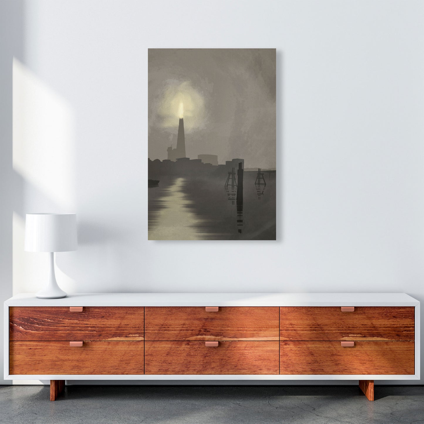 Shard In Fog Travel Art Print by Richard O'Neill, Framed Wall Art A1 Canvas
