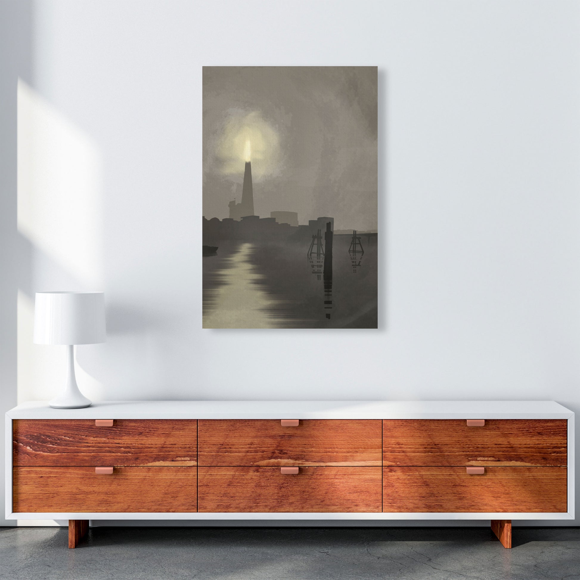 Shard In Fog Travel Art Print by Richard O'Neill, Framed Wall Art A1 Canvas