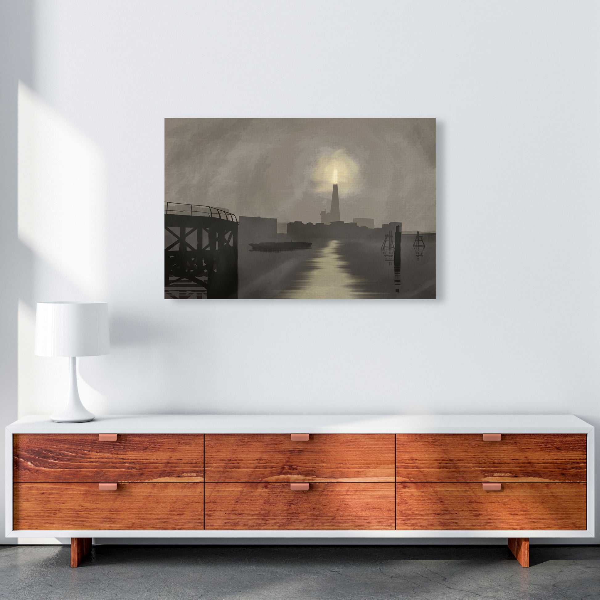 Shard In Fog Travel Art Print by Richard O'Neill, Framed Wall Art A1 Canvas