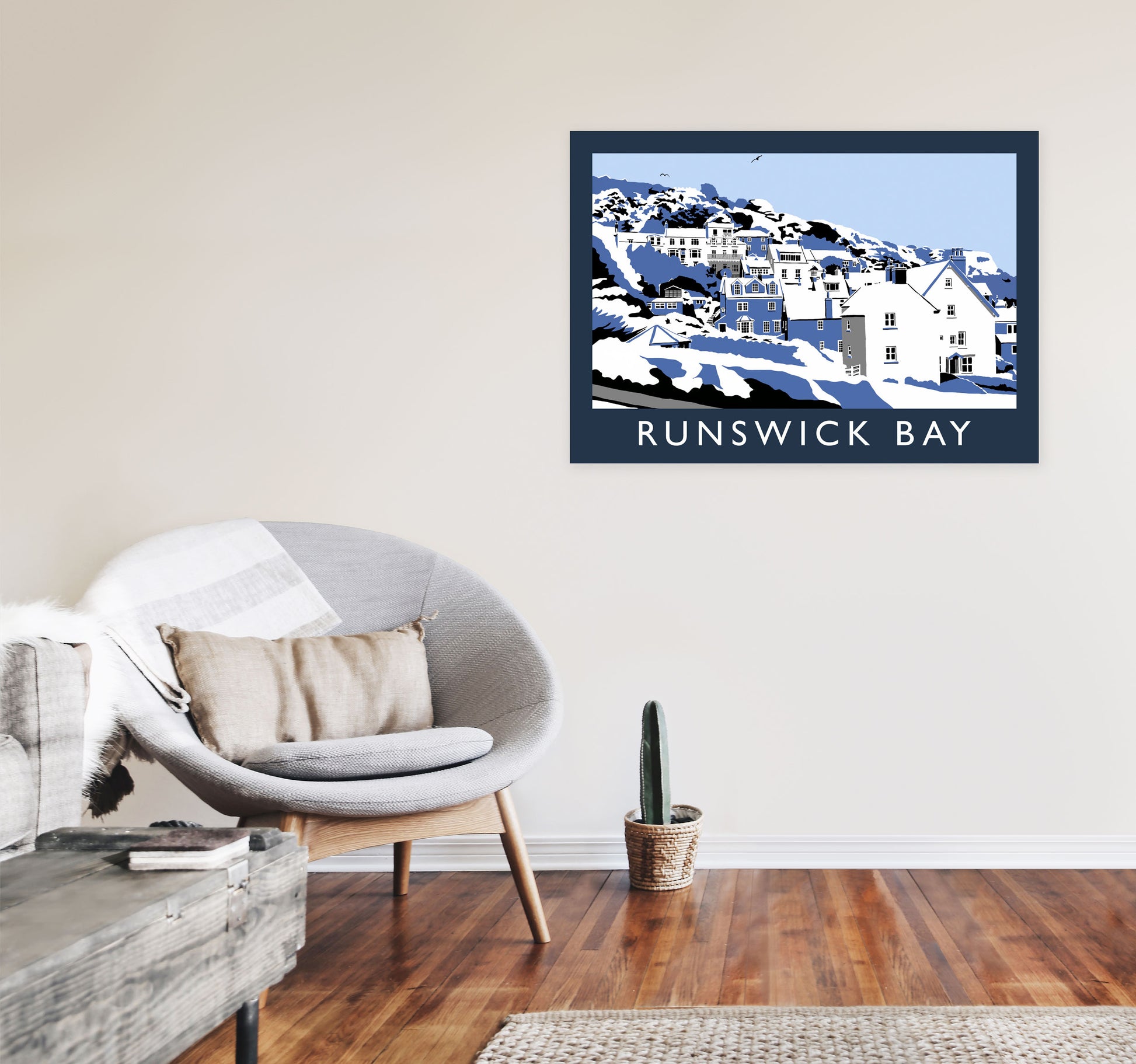 Runswick Bay Travel Art Print by Richard O'Neill, Framed Wall Art A1 Black Frame
