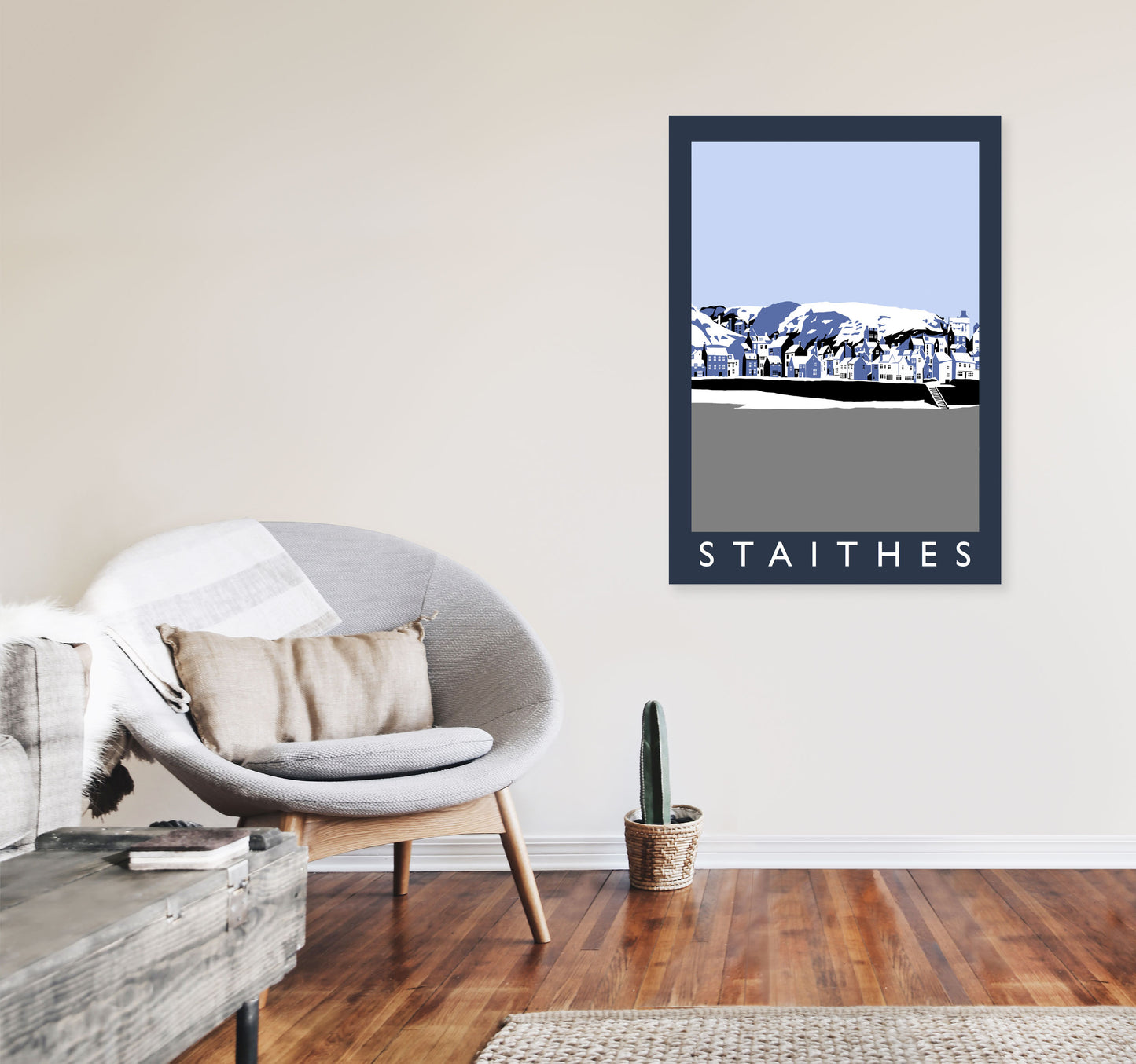 Staithes Travel Art Print by Richard O'Neill, Framed Wall Art A1 Black Frame
