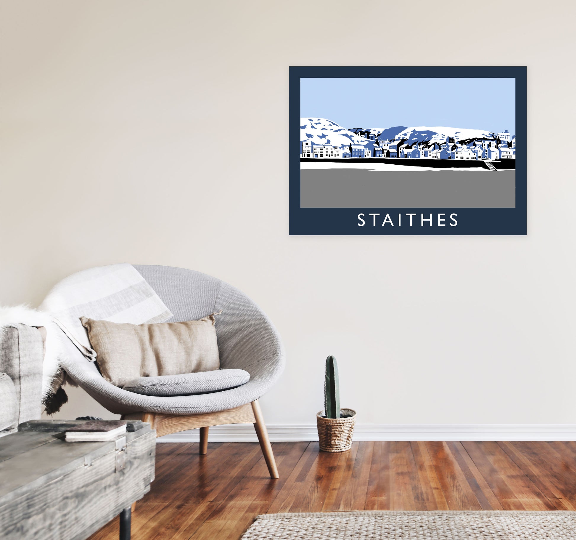 Staithes Travel Art Print by Richard O'Neill, Framed Wall Art A1 Black Frame