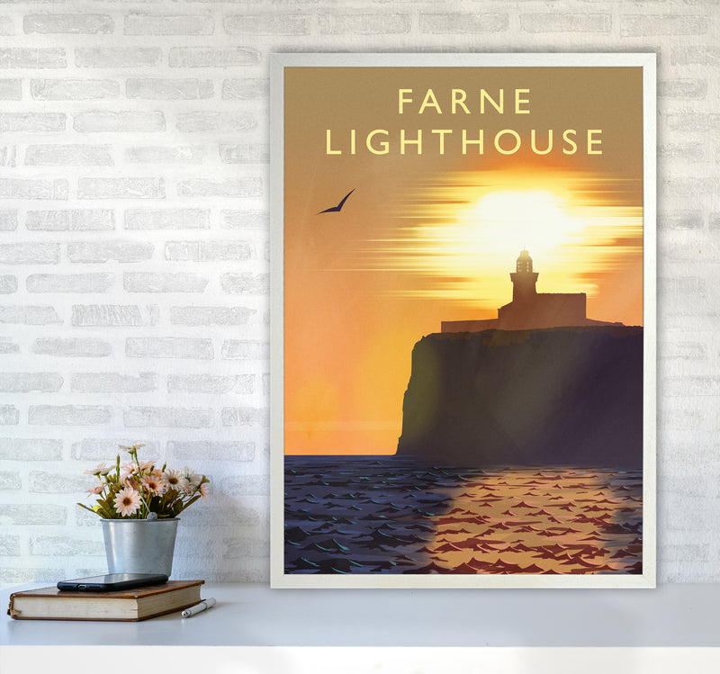 Farne Lighthouse portrait Travel Art Print by Richard O'Neill A1 Oak Frame