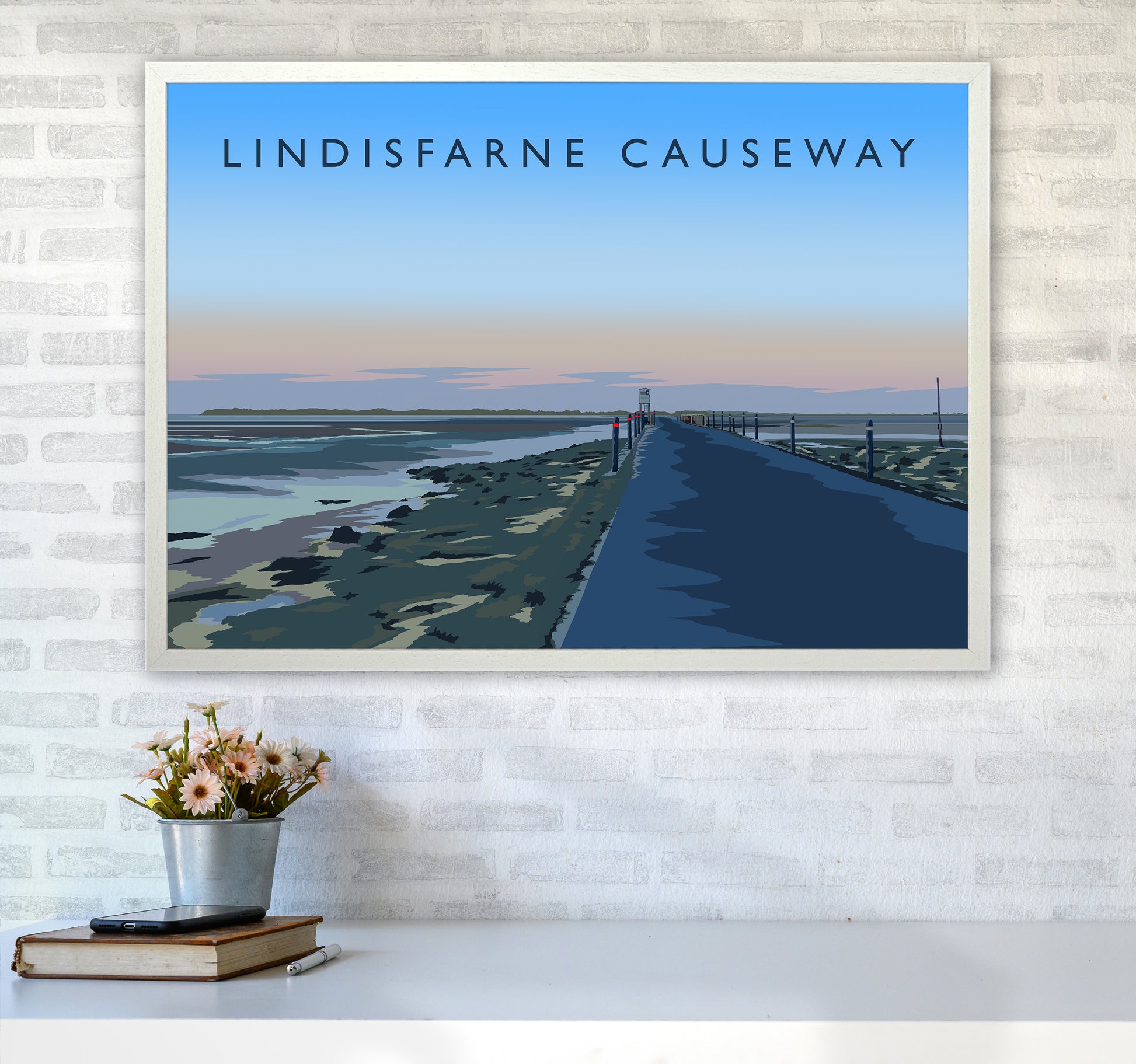 Lindisfarne Causeway Travel Art Print by Richard O'Neill A1 Oak Frame