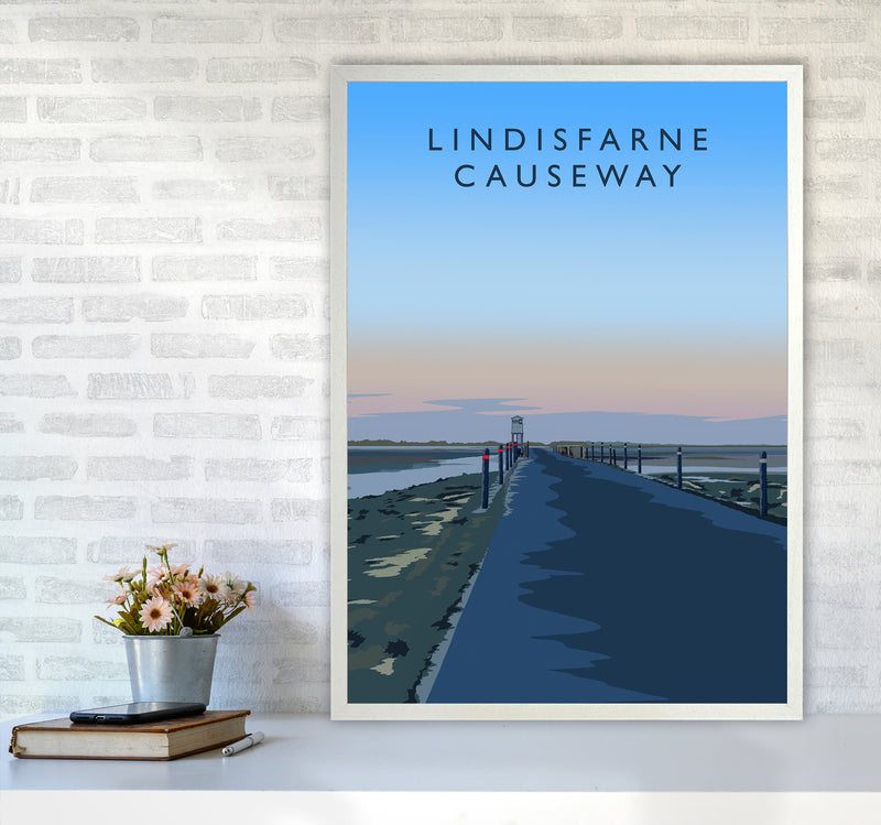 Lindisfarne Causeway portrait Travel Art Print by Richard O'Neill A1 Oak Frame