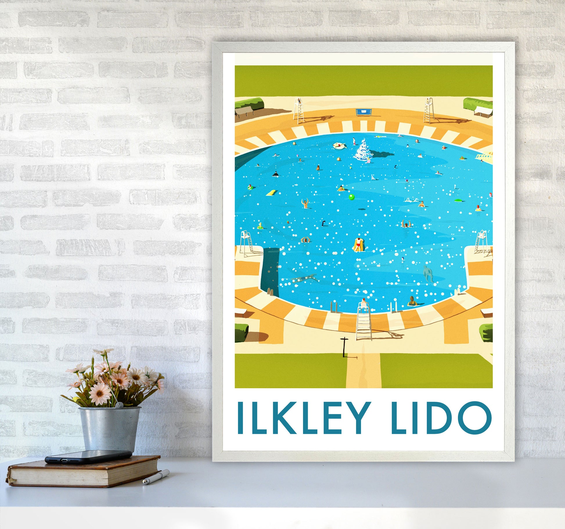 Ilkley Lido portrait Travel Art Print by Richard O'Neill A1 Oak Frame