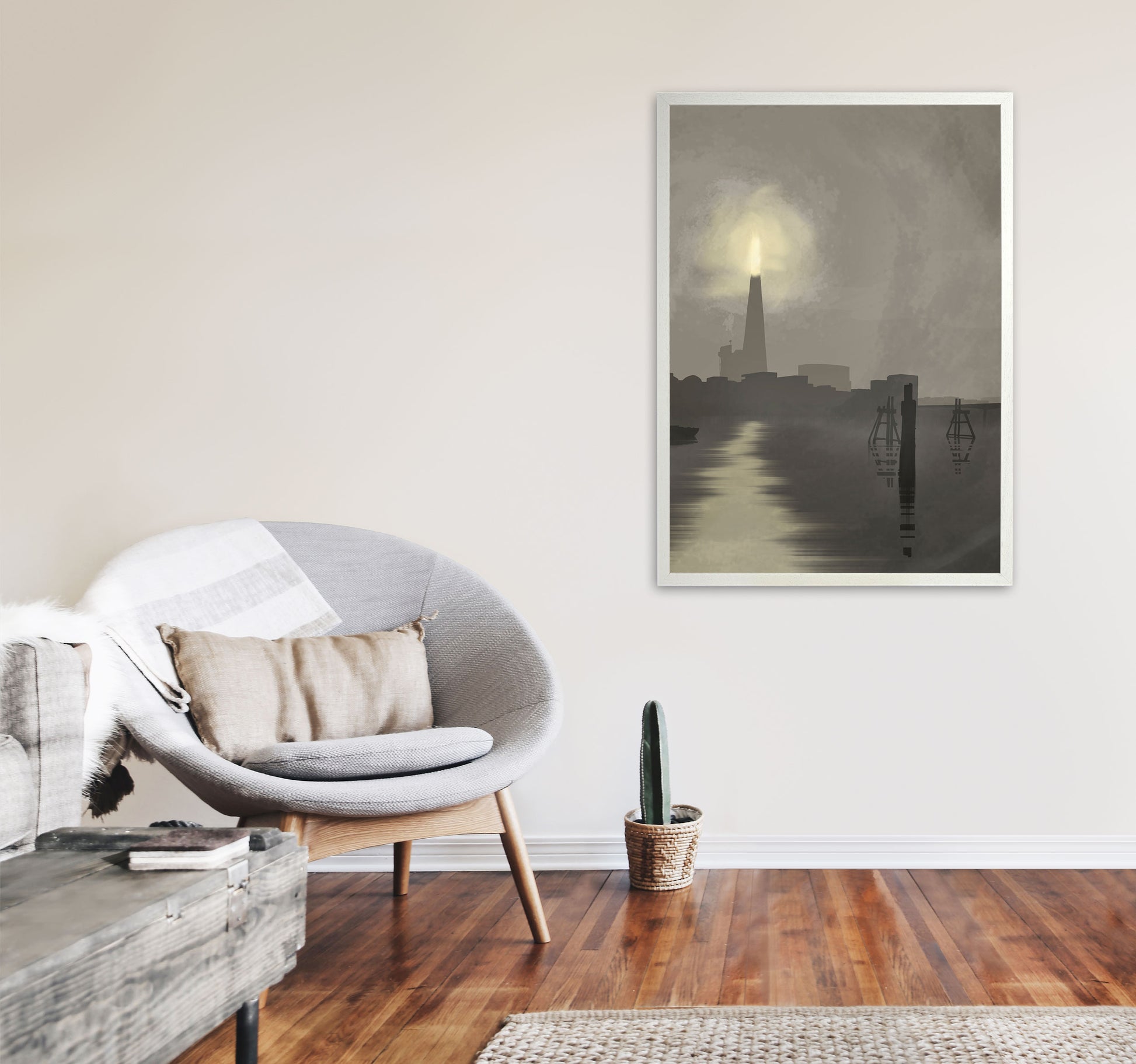 Shard In Fog Travel Art Print by Richard O'Neill, Framed Wall Art A1 Oak Frame