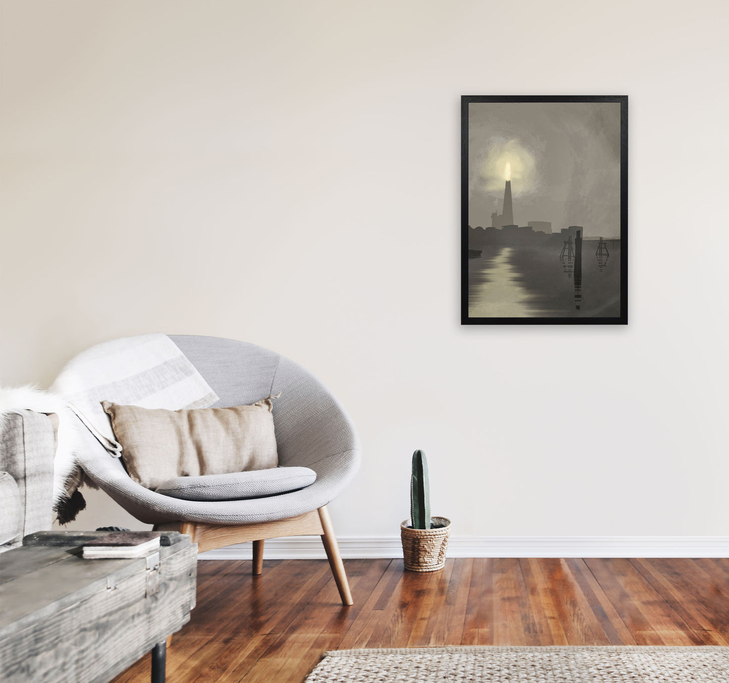 Shard In Fog Travel Art Print by Richard O'Neill, Framed Wall Art A2 White Frame