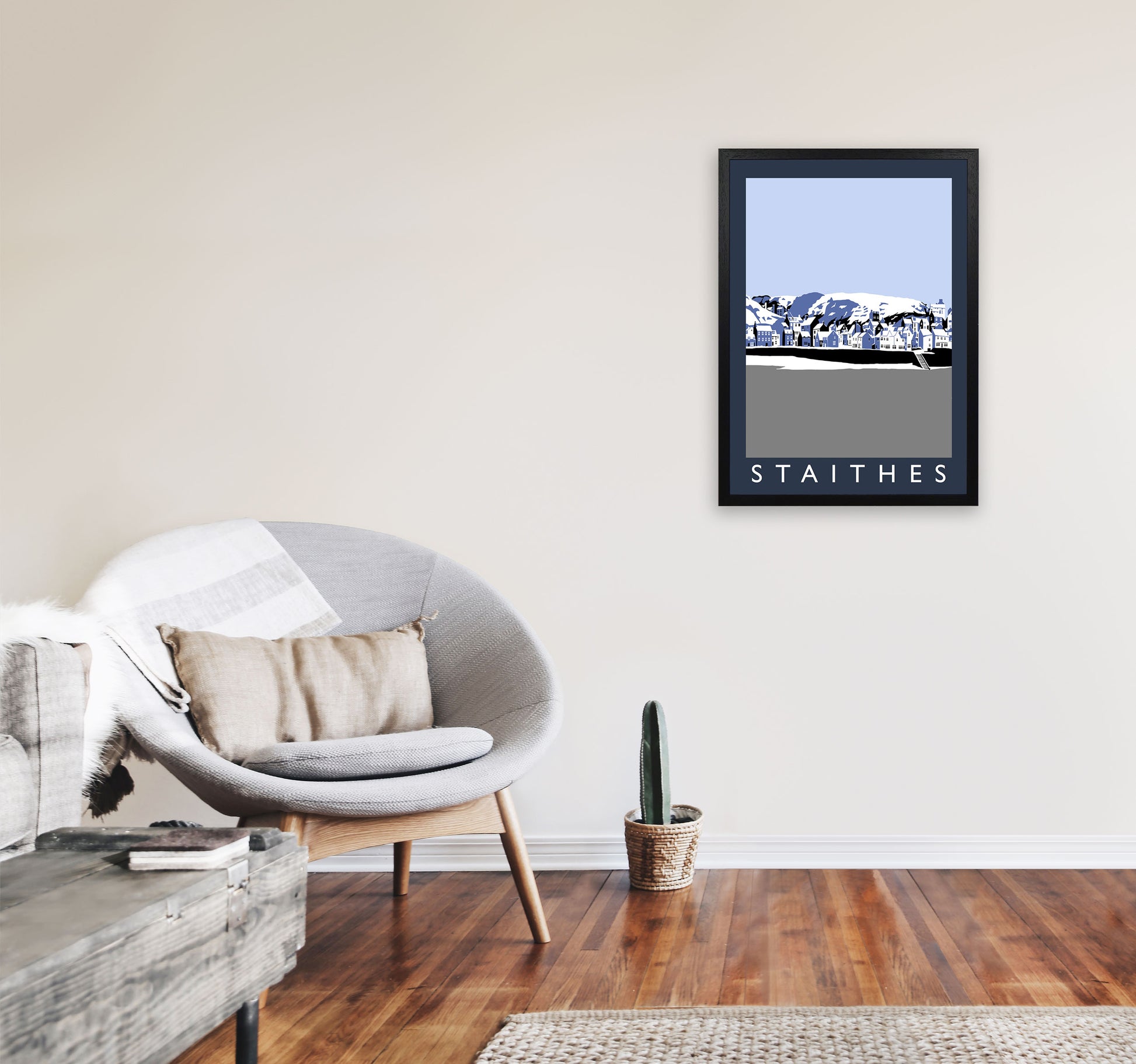 Staithes Travel Art Print by Richard O'Neill, Framed Wall Art A2 White Frame
