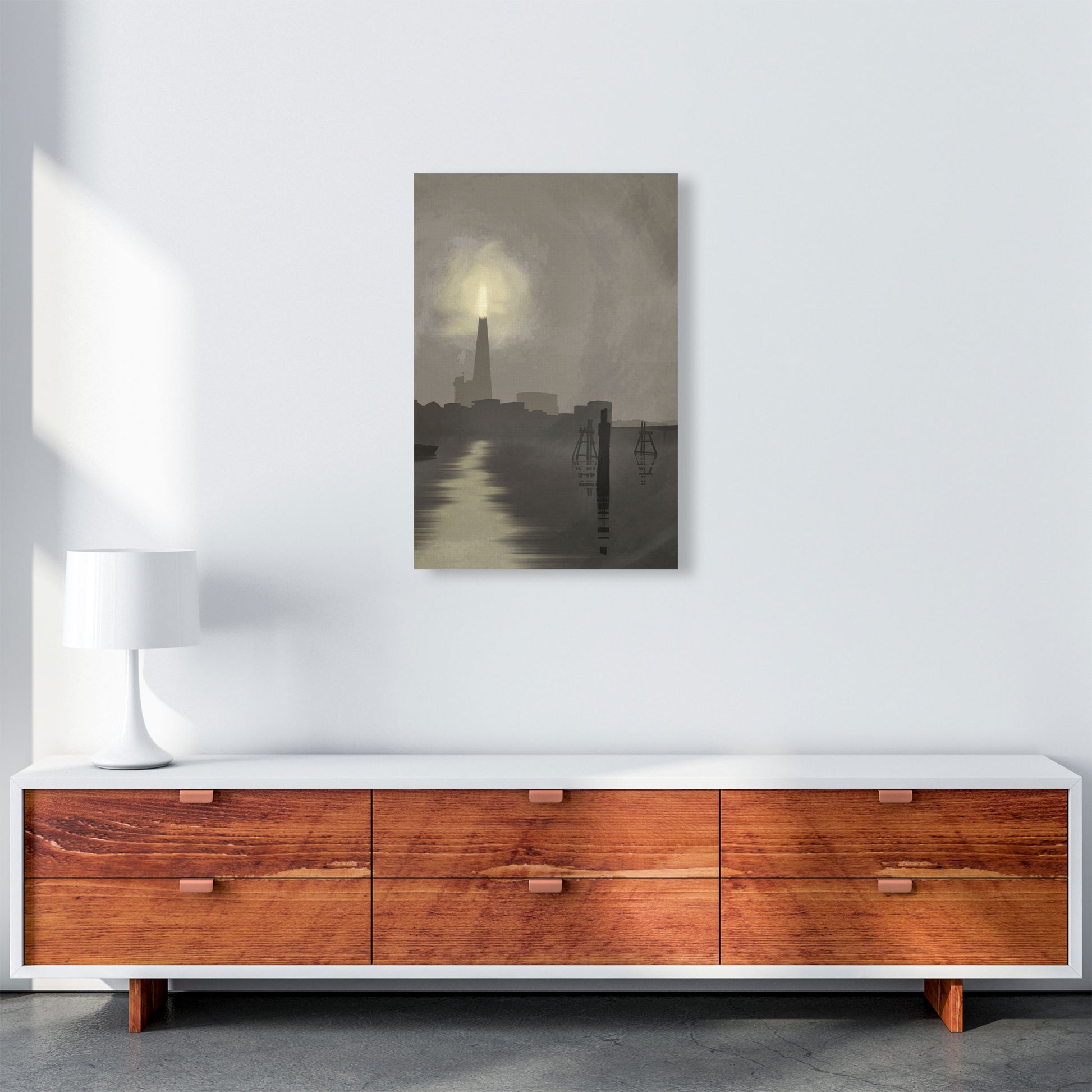 Shard In Fog Travel Art Print by Richard O'Neill, Framed Wall Art A2 Canvas
