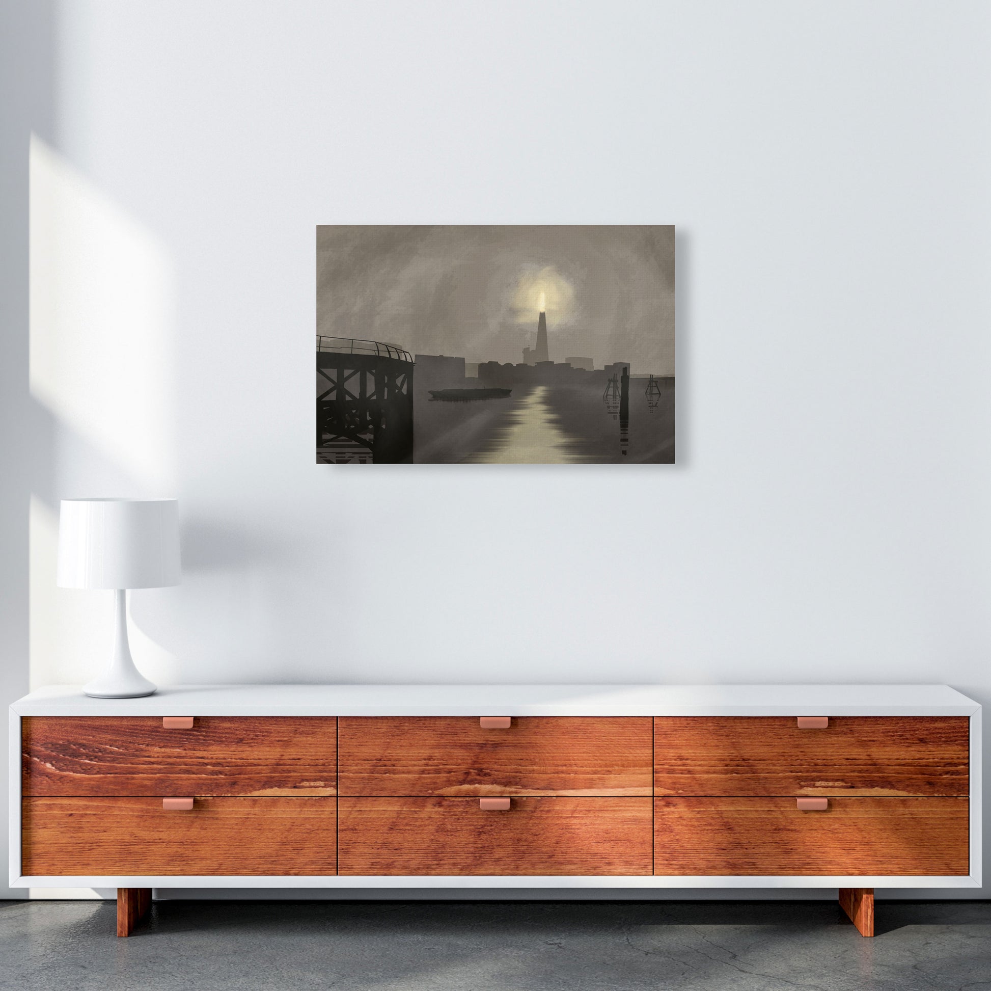 Shard In Fog Travel Art Print by Richard O'Neill, Framed Wall Art A2 Canvas