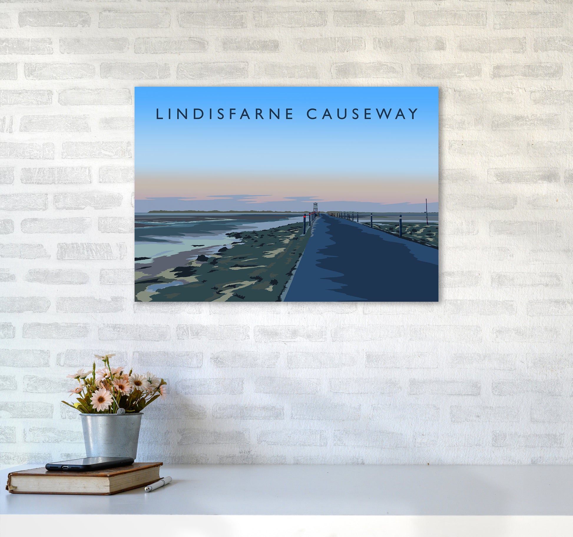 Lindisfarne Causeway Travel Art Print by Richard O'Neill A2 Black Frame