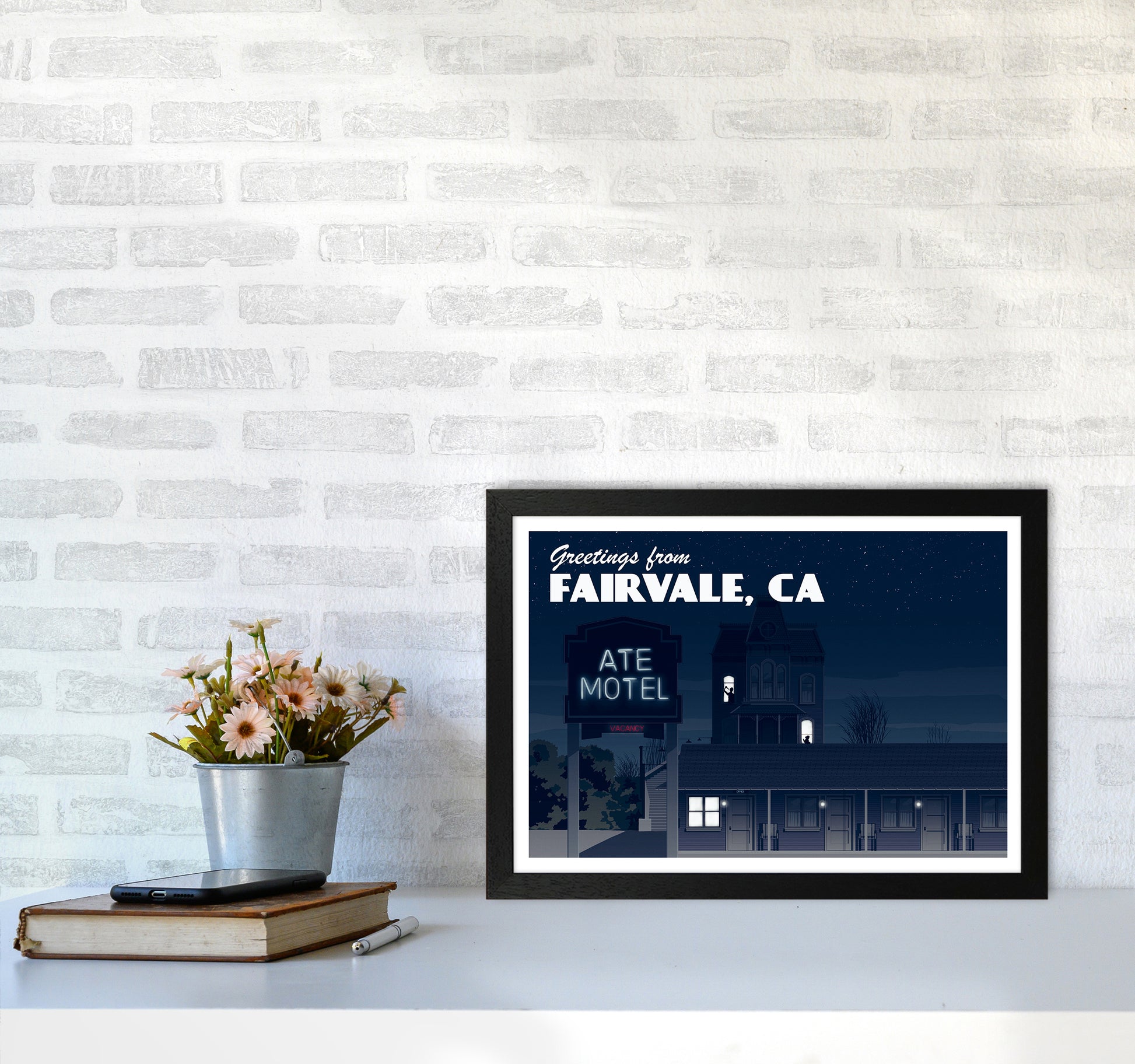 Bates Motel Night Art Print by Richard O'Neill A3 White Frame