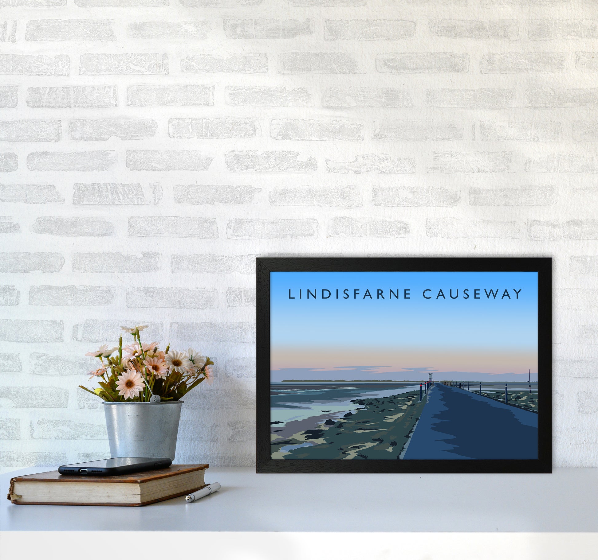 Lindisfarne Causeway Travel Art Print by Richard O'Neill A3 White Frame