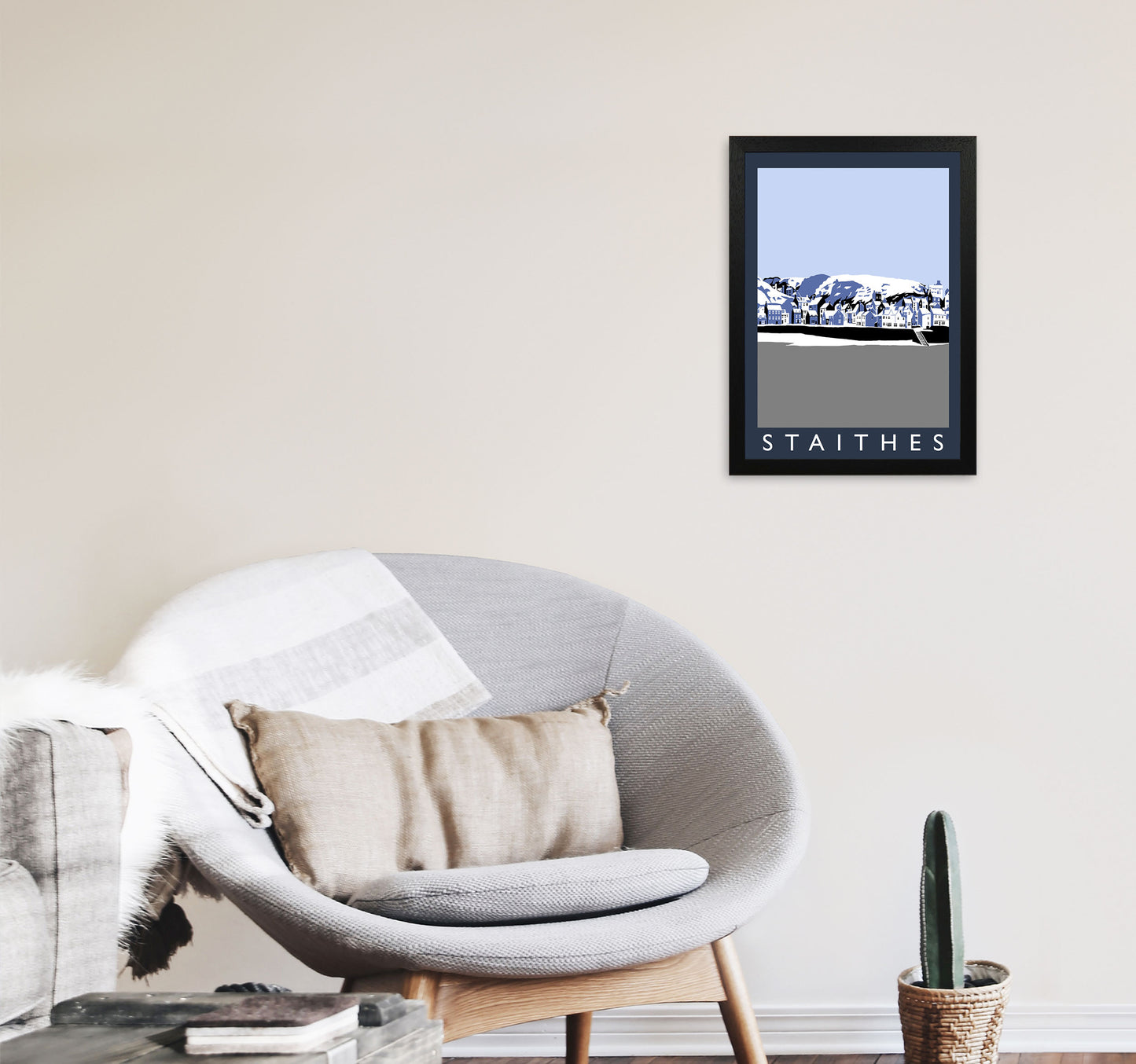 Staithes Travel Art Print by Richard O'Neill, Framed Wall Art A3 White Frame