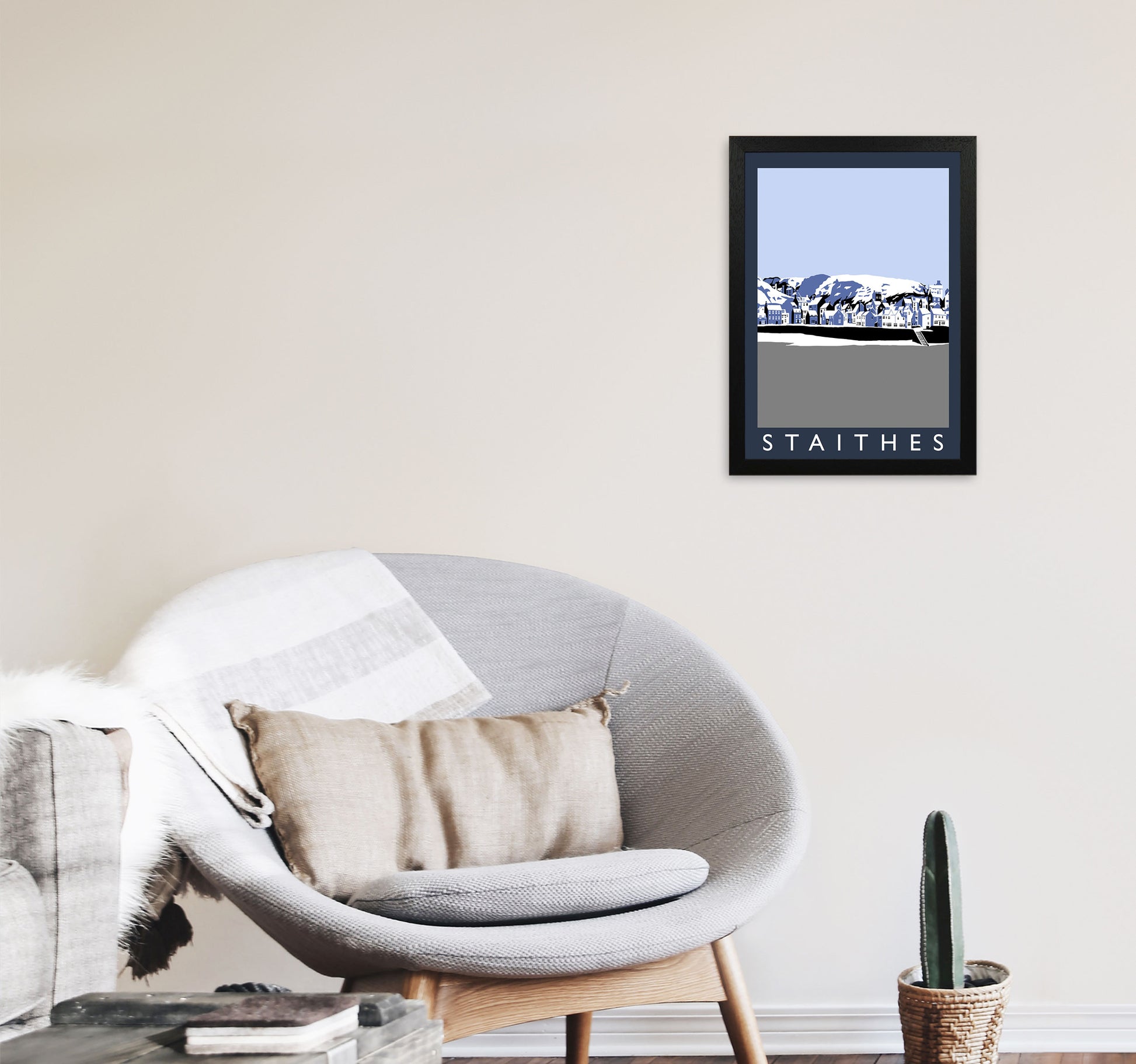 Staithes Travel Art Print by Richard O'Neill, Framed Wall Art A3 White Frame