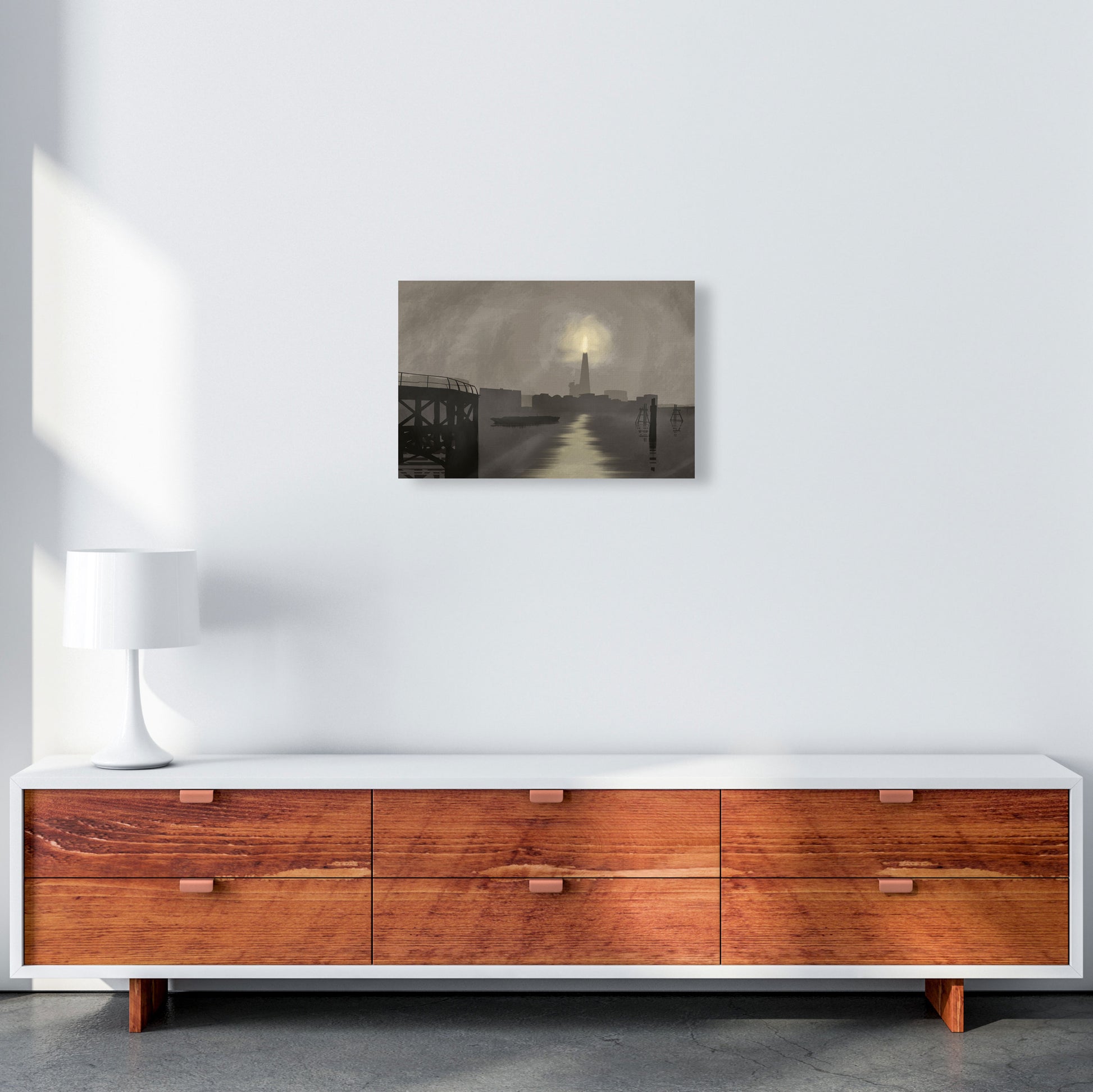 Shard In Fog Travel Art Print by Richard O'Neill, Framed Wall Art A3 Canvas