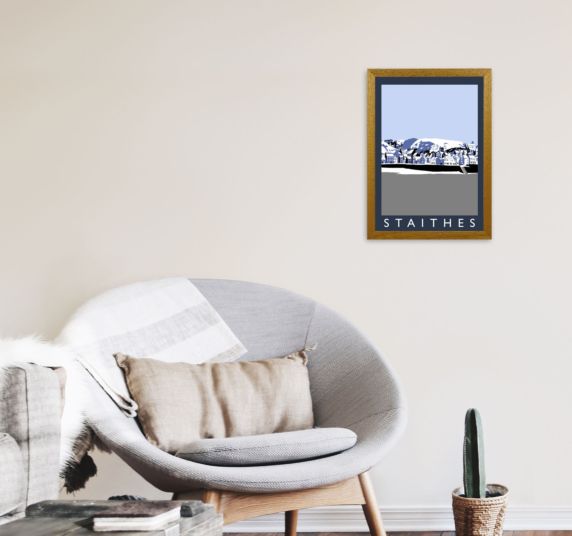 Staithes Travel Art Print by Richard O'Neill, Framed Wall Art A3 Print Only
