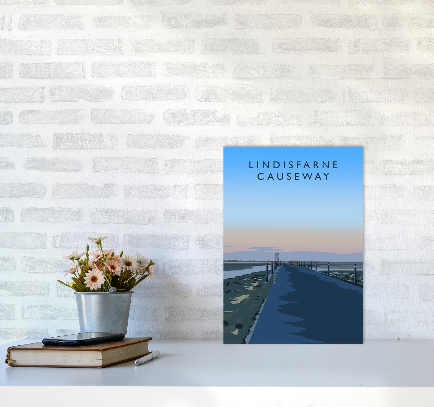 Lindisfarne Causeway portrait Travel Art Print by Richard O'Neill A3 Black Frame