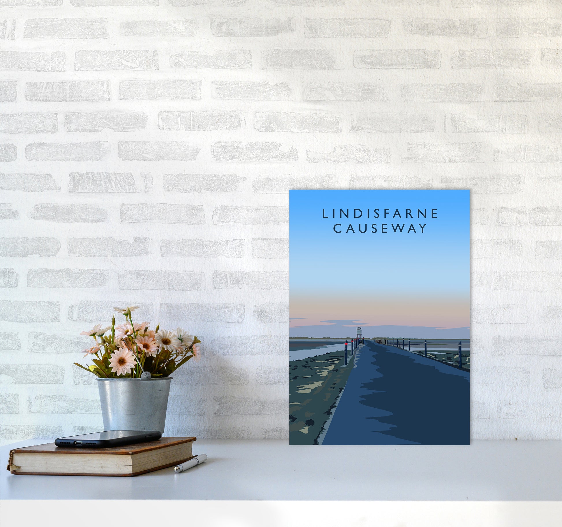 Lindisfarne Causeway portrait Travel Art Print by Richard O'Neill A3 Black Frame