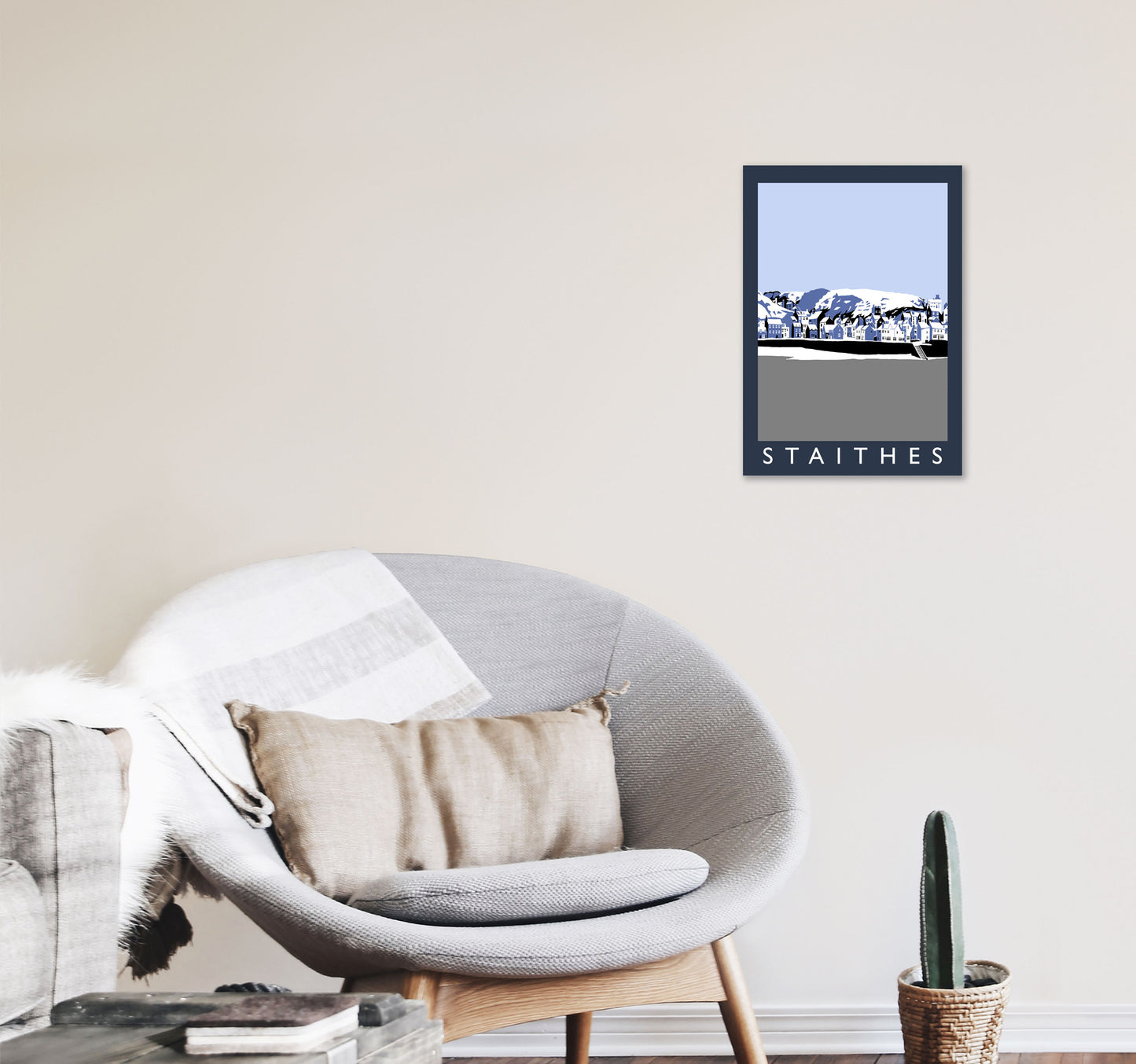Staithes Travel Art Print by Richard O'Neill, Framed Wall Art A3 Black Frame