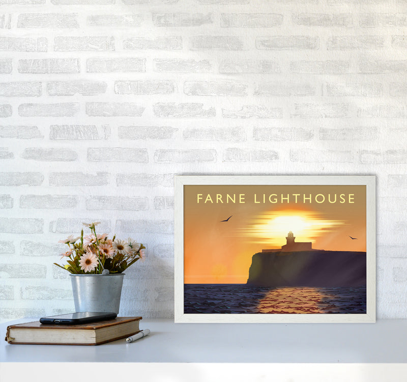 Farne Lighthouse Travel Art Print by Richard O'Neill A3 Oak Frame