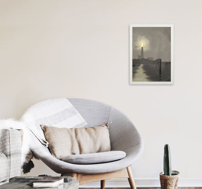 Shard In Fog Travel Art Print by Richard O'Neill, Framed Wall Art A3 Oak Frame