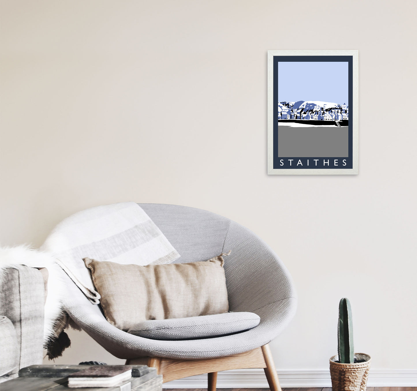 Staithes Travel Art Print by Richard O'Neill, Framed Wall Art A3 Oak Frame