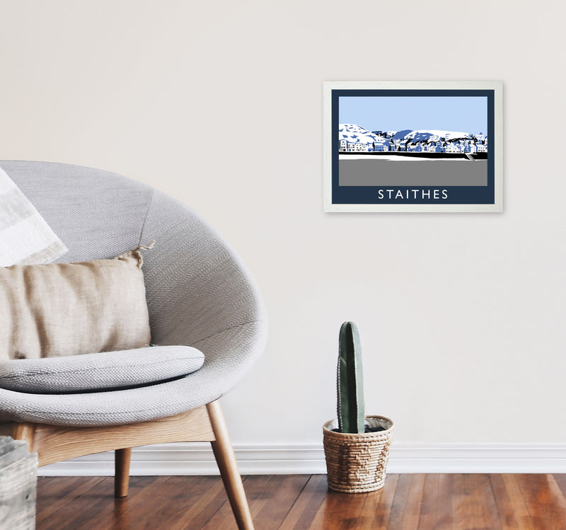 Staithes Travel Art Print by Richard O'Neill, Framed Wall Art A3 Oak Frame