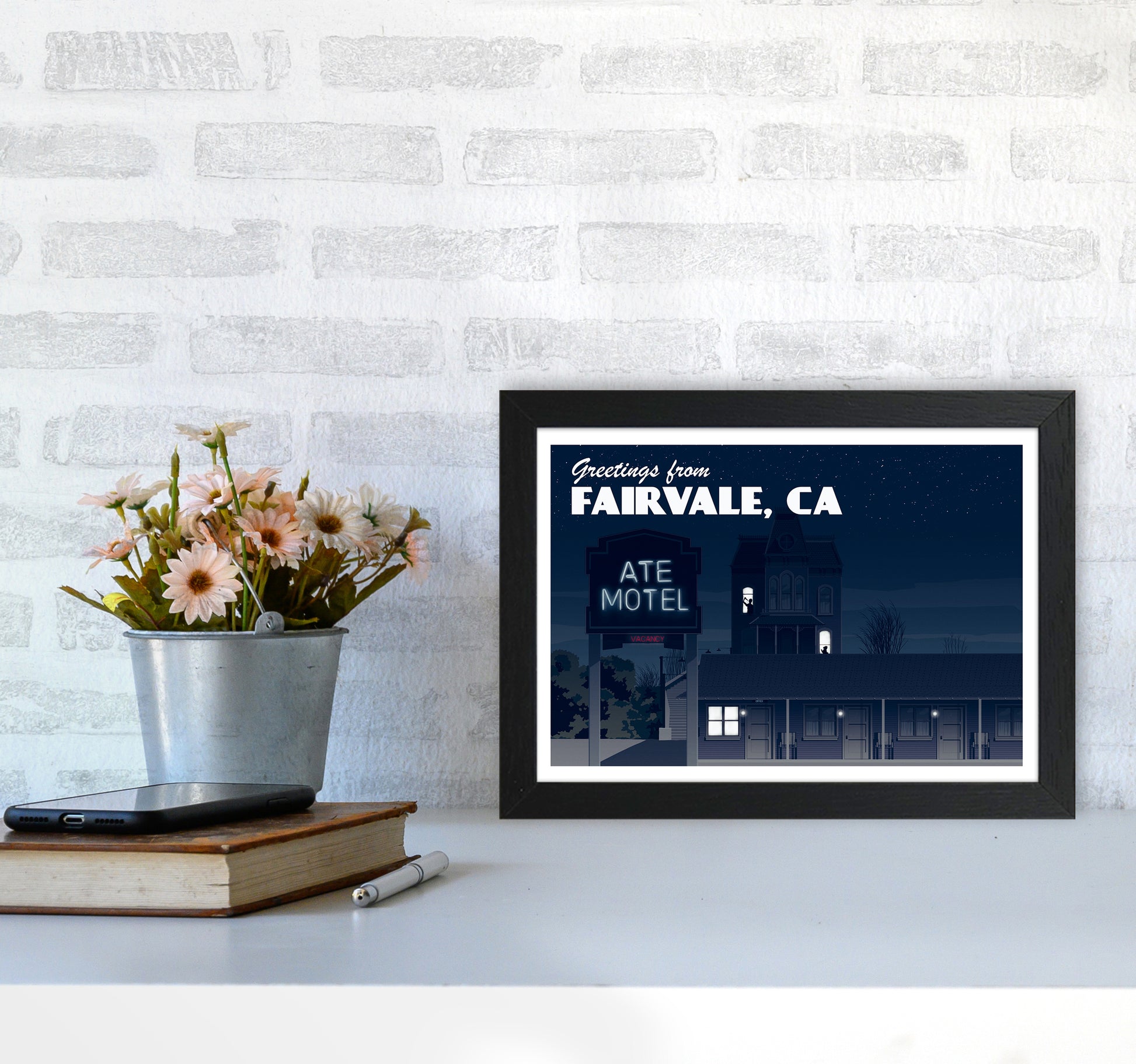 Bates Motel Night Art Print by Richard O'Neill A4 White Frame