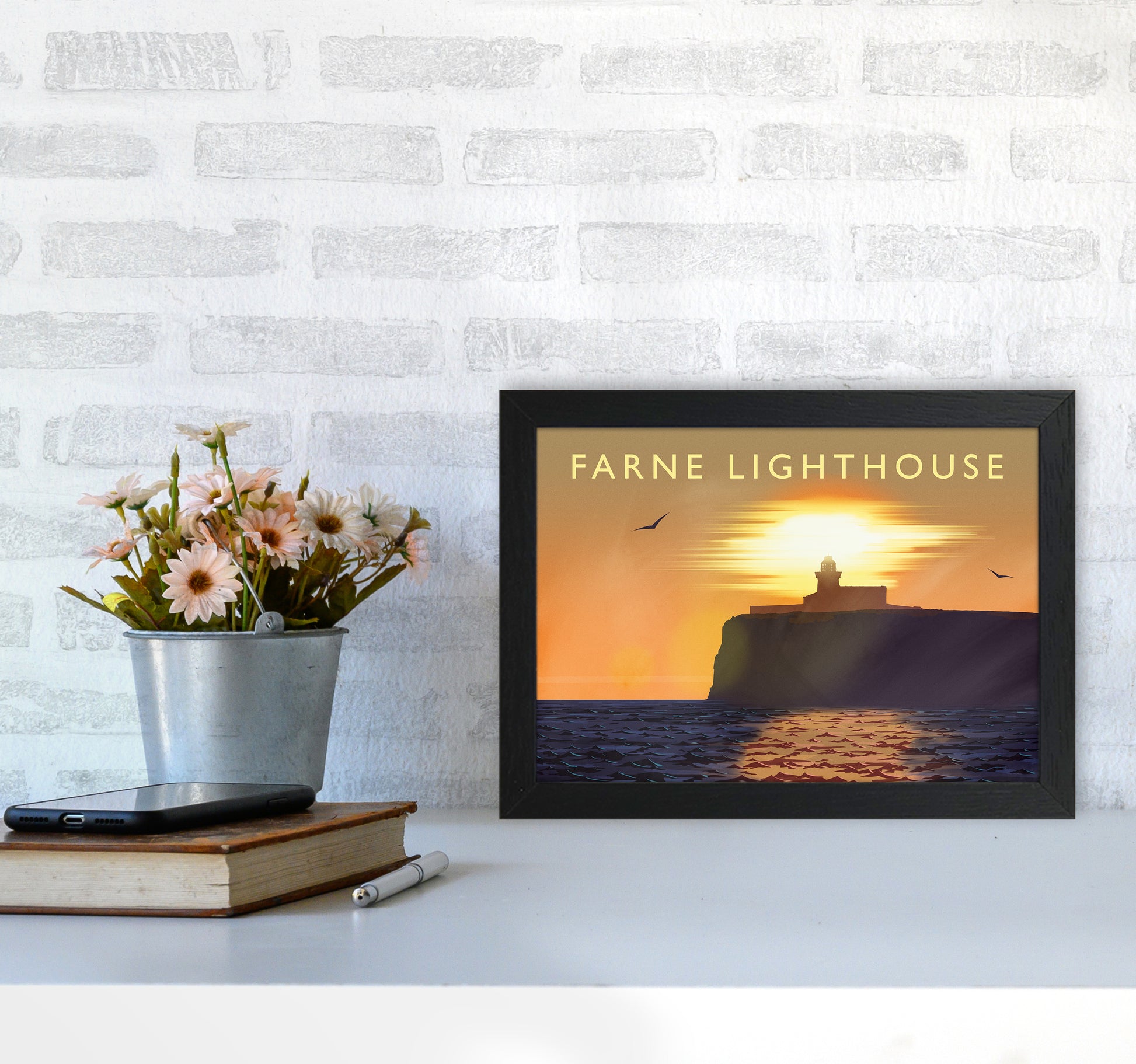 Farne Lighthouse Travel Art Print by Richard O'Neill A4 White Frame