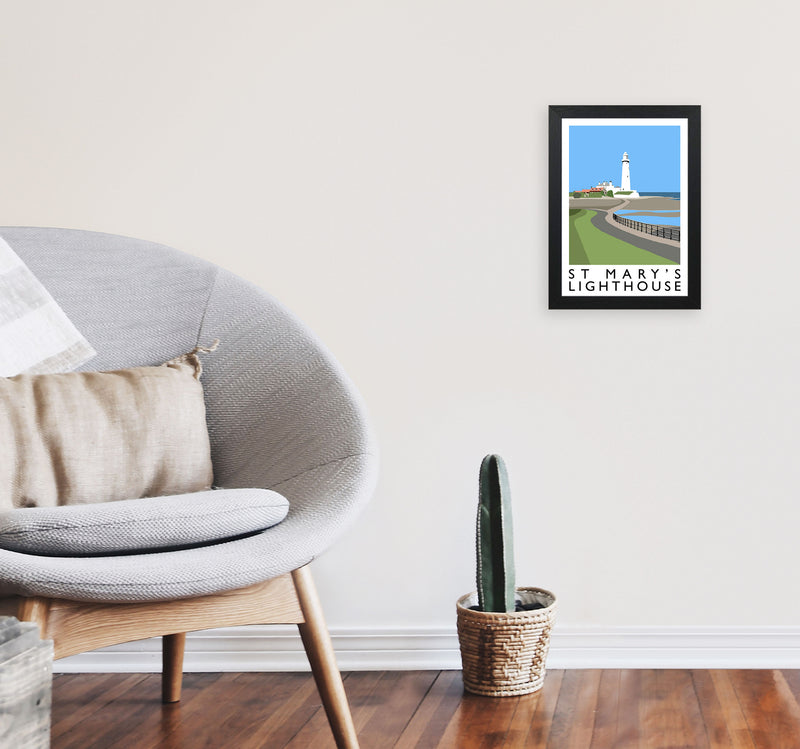 St Mary's Lighthouse Travel Art Print by Richard O'Neill A4 White Frame