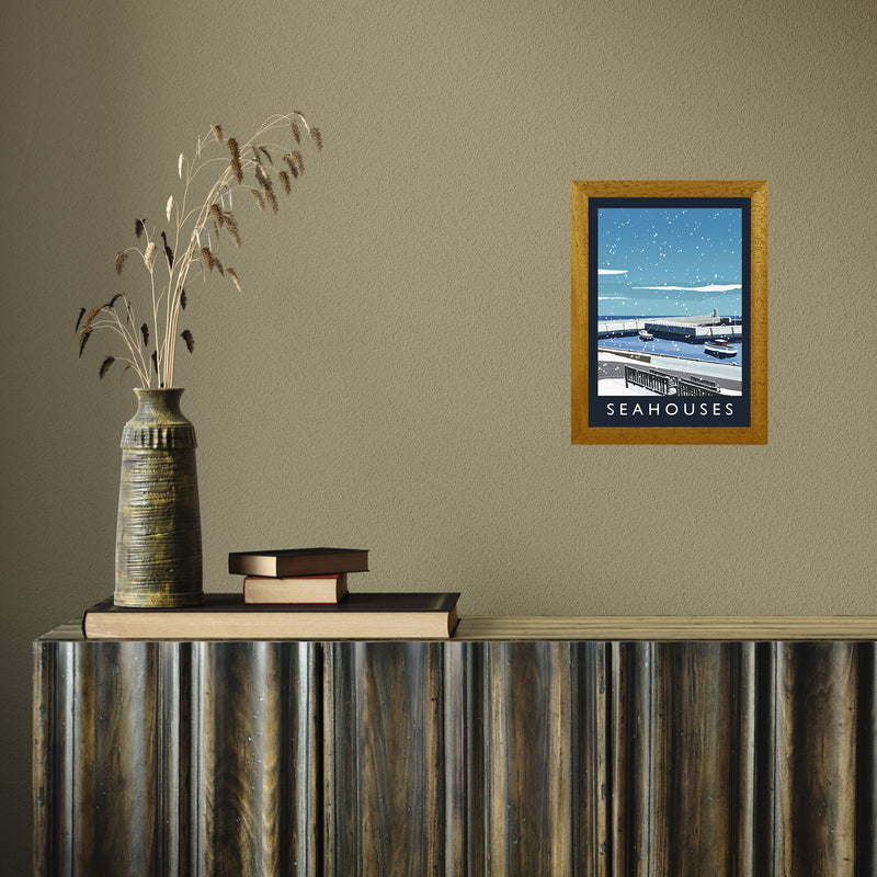 Seahouses (snow) portrait by Richard O'Neill A4 Oak Frame