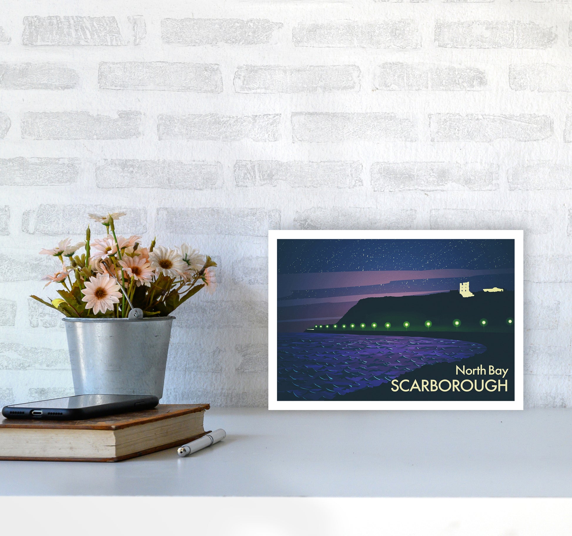 North Bay Scarborough (Night) Art Print by Richard O'Neill A4 Black Frame