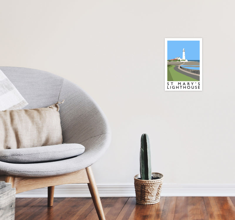St Mary's Lighthouse Travel Art Print by Richard O'Neill A4 Black Frame