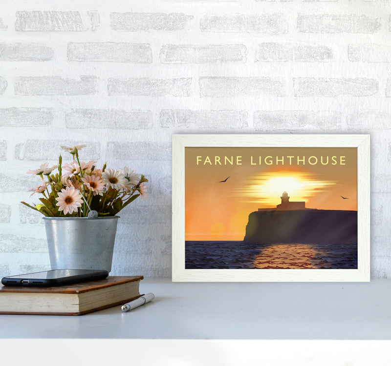 Farne Lighthouse Travel Art Print by Richard O'Neill A4 Oak Frame