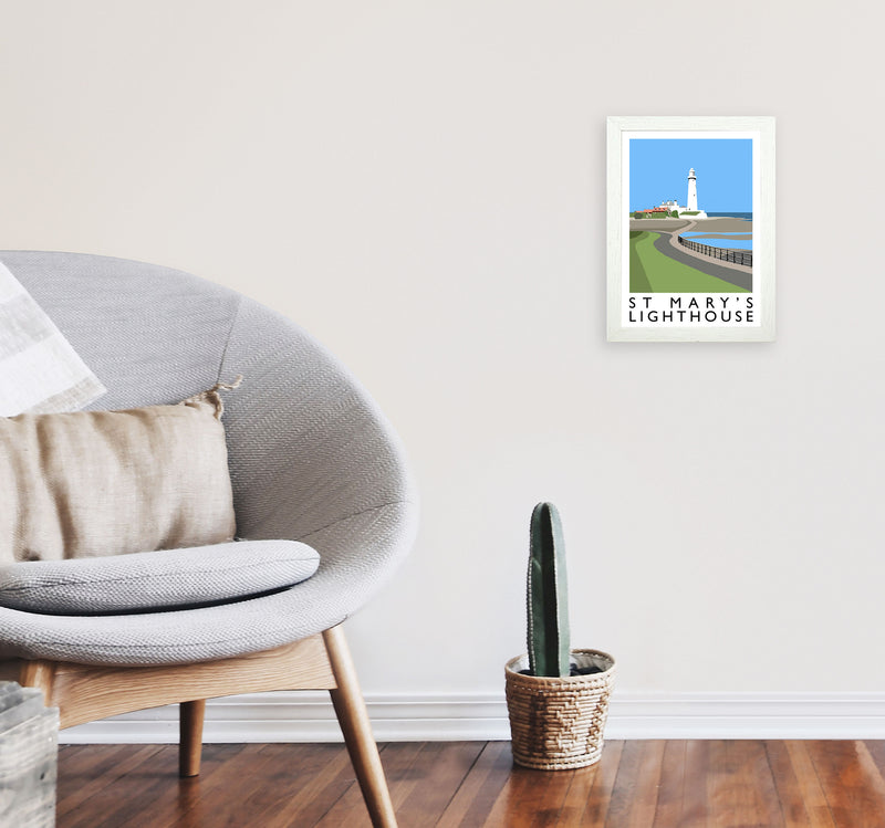 St Mary's Lighthouse Travel Art Print by Richard O'Neill A4 Oak Frame