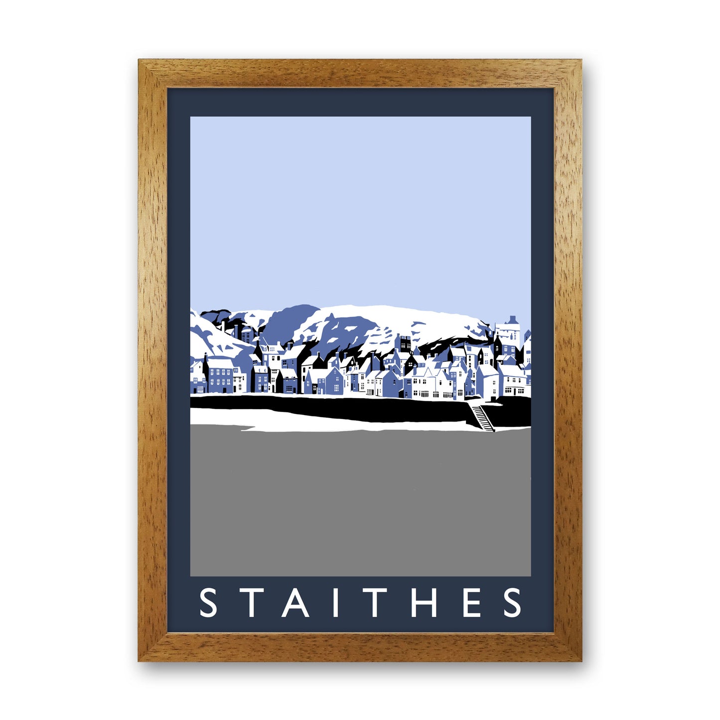 Staithes Travel Art Print by Richard O'Neill, Framed Wall Art Oak Grain
