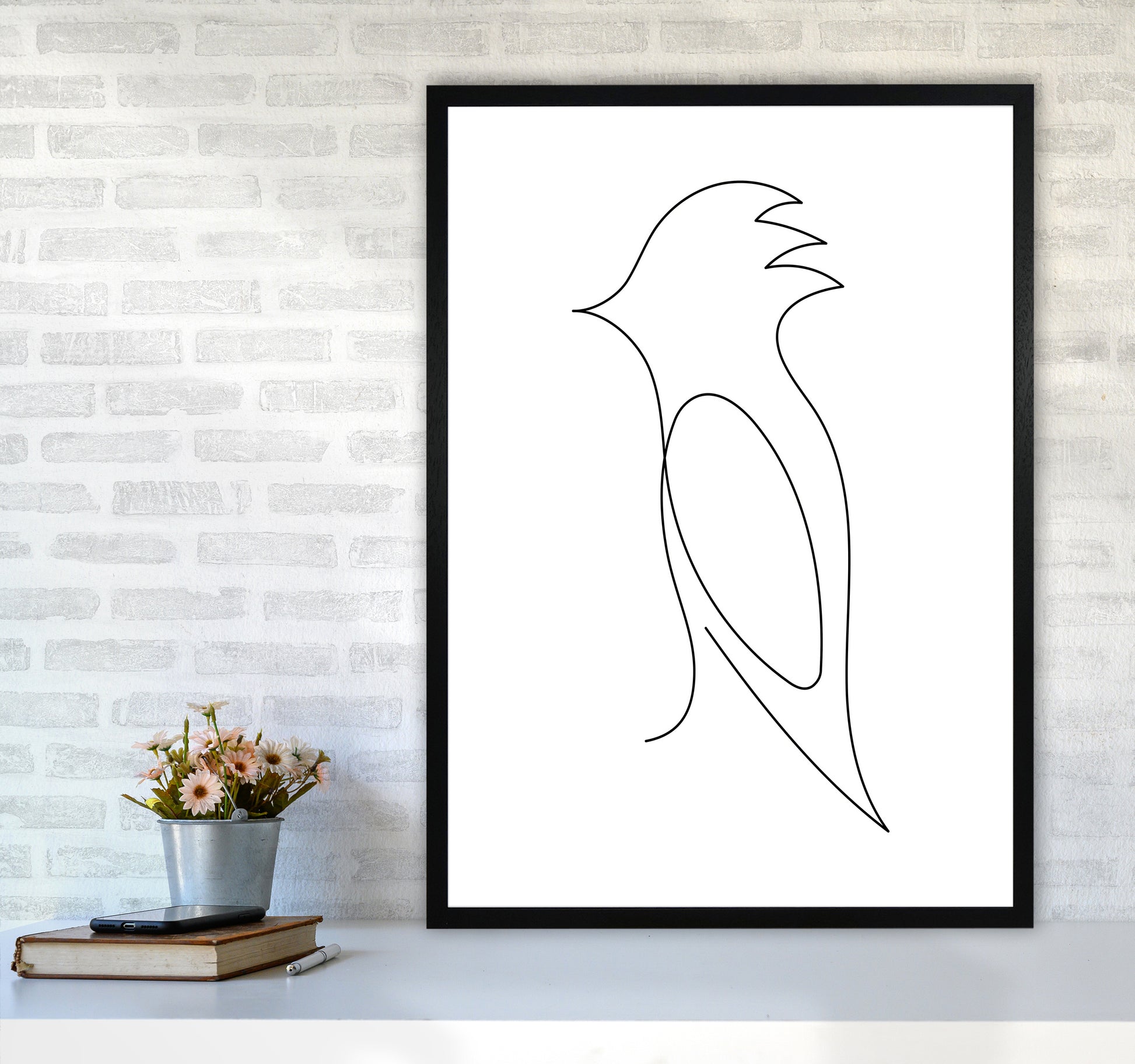 One Line Bird Art Print by Seven Trees Design A1 White Frame