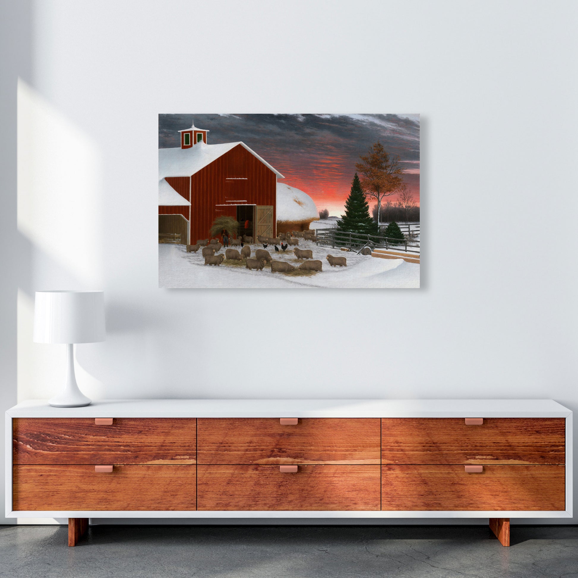 Snowy Farm Art Print by Seven Trees Design A1 Canvas