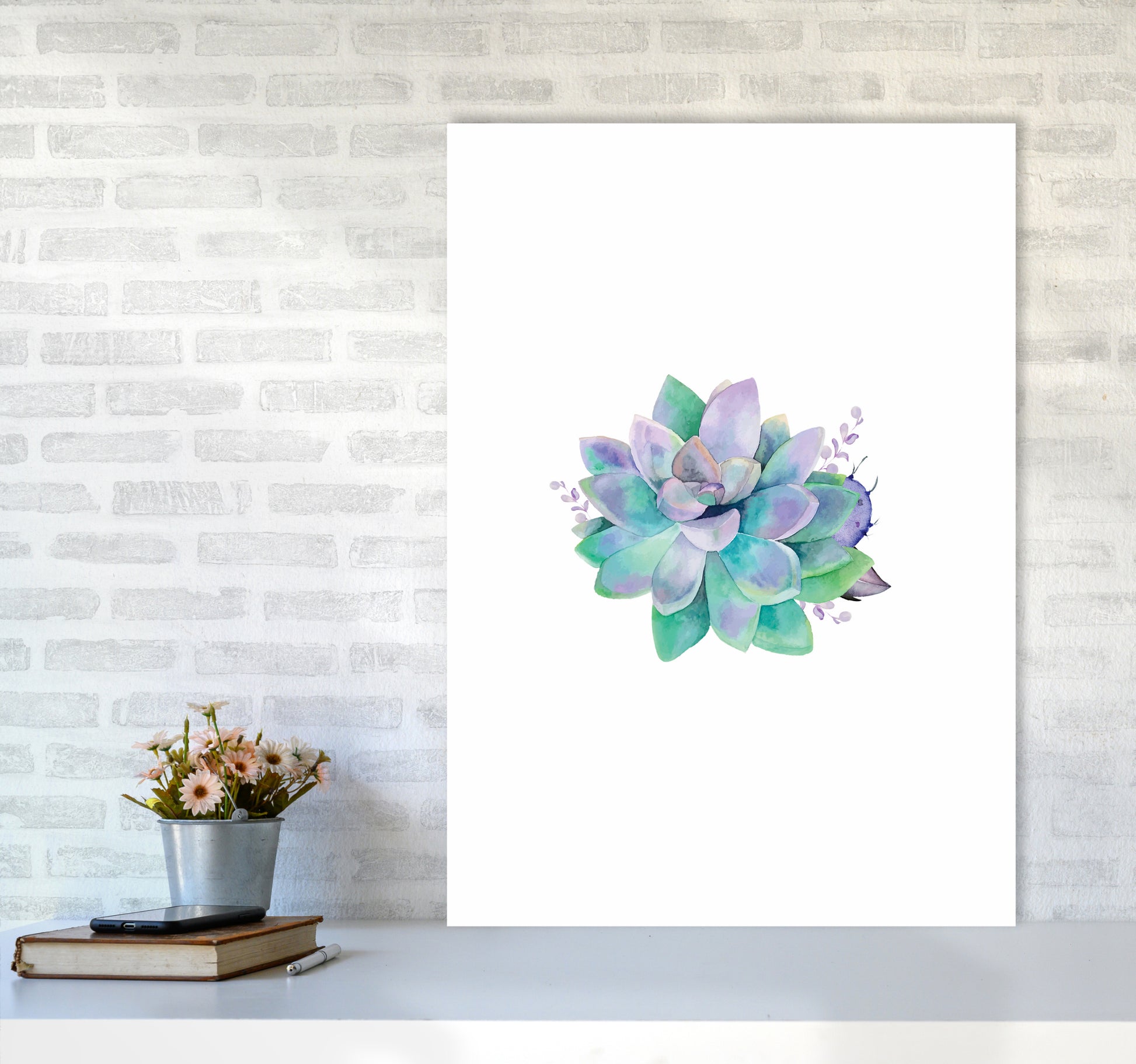 Aqua Succulent Botanical Art Print by Seven Trees Design A1 Black Frame